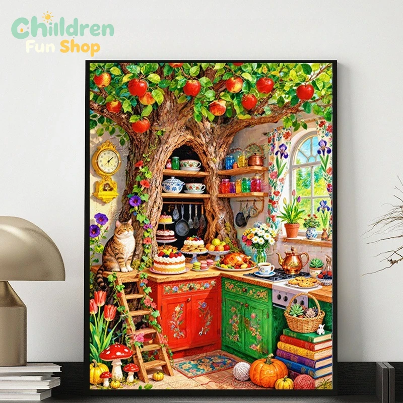 Photo Mosaic Print - Whimsical Tree‑Hollow Kitchen With Cat &
